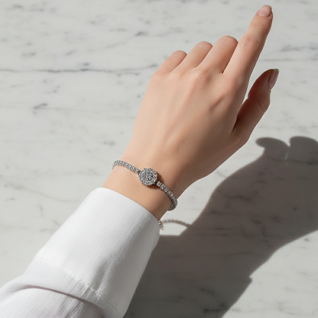 Silver bracelet overhead shot on marble