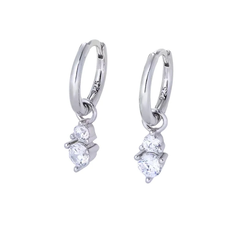 Aurilyn Dainty CZ Drop Hoop Earrings in 925 sterling silver, two stone cluster charm dangling from a small hoop, hypoallergenic and hand-finished